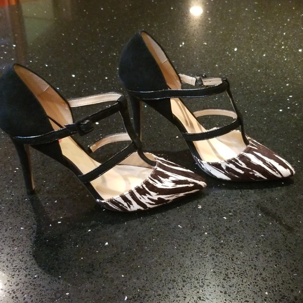 Charles David Pony Hair & Black Suede T Strap Pump